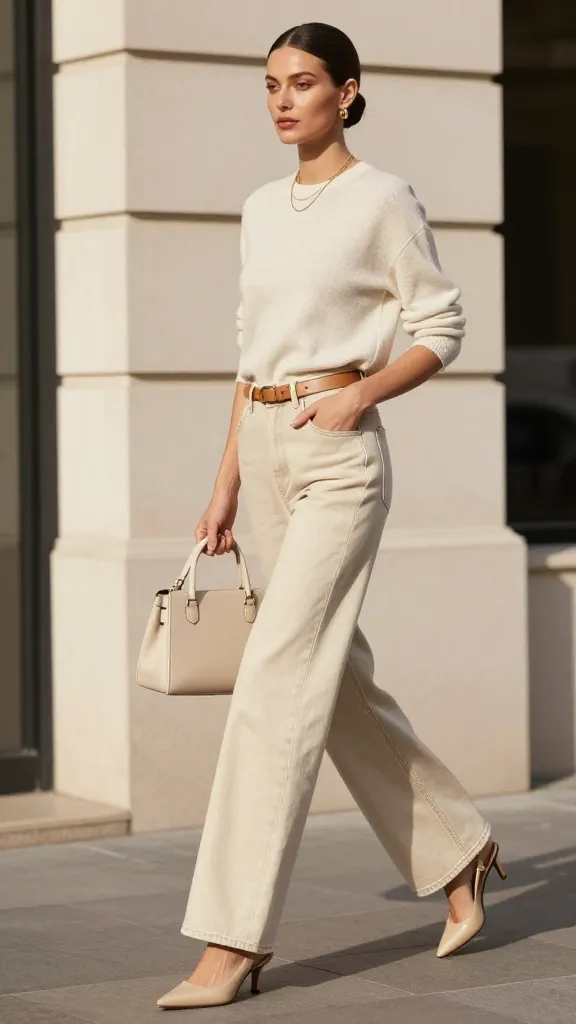 Woman in a cream sweater and cream wide-leg jeans walking in a city