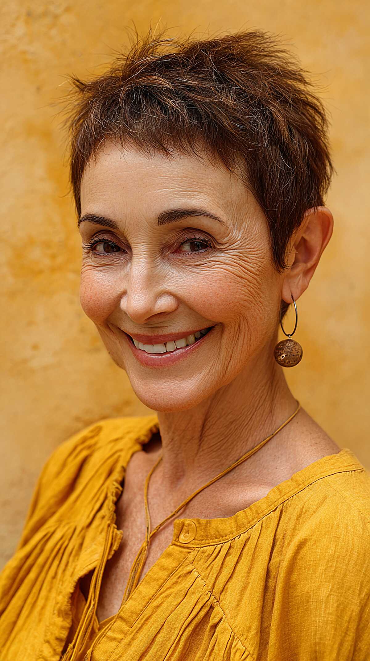 Textured brunette pixie with piecey crown haircut for women over 60