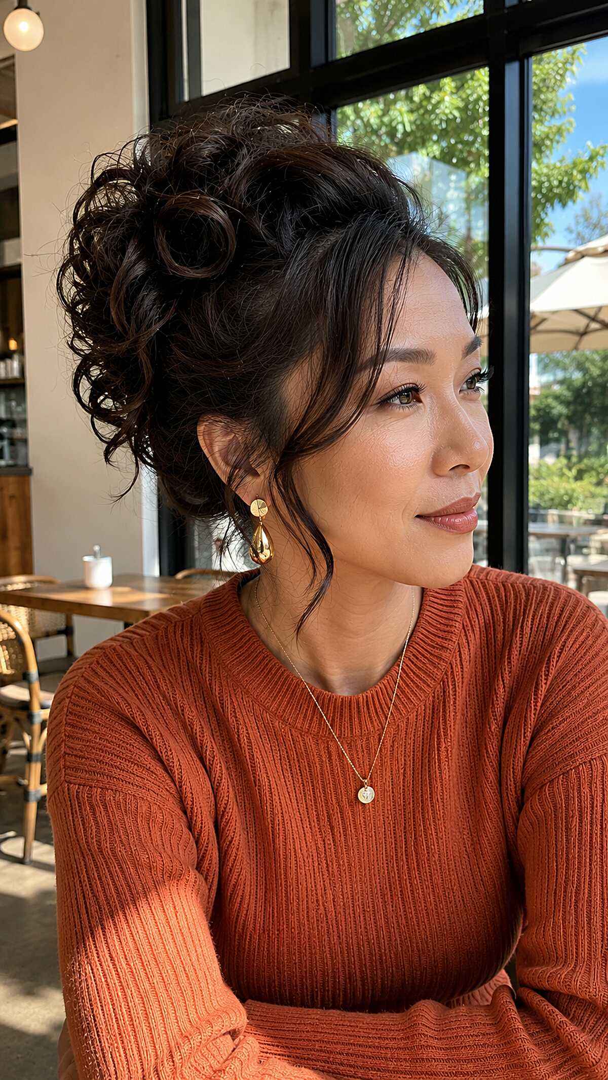Rich chocolate curly updo with deliberate looseness