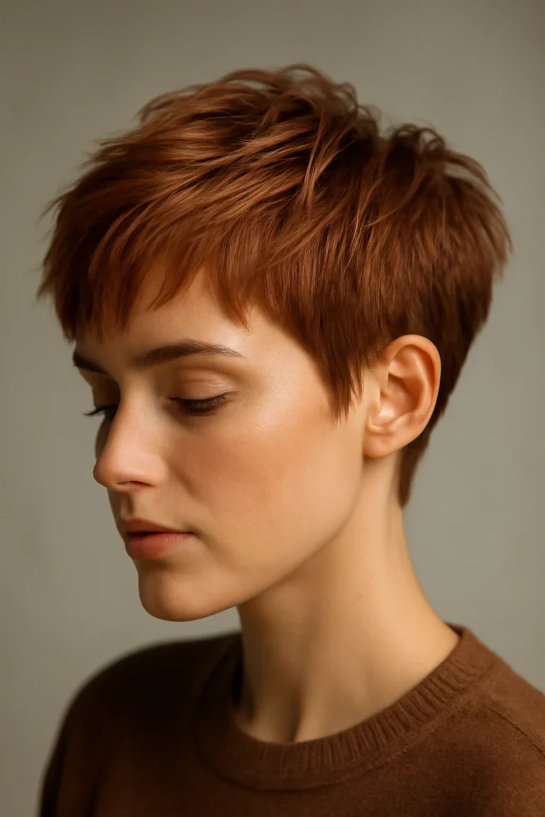 Short copper pixie shag with a soft fringe low maintenance haircut