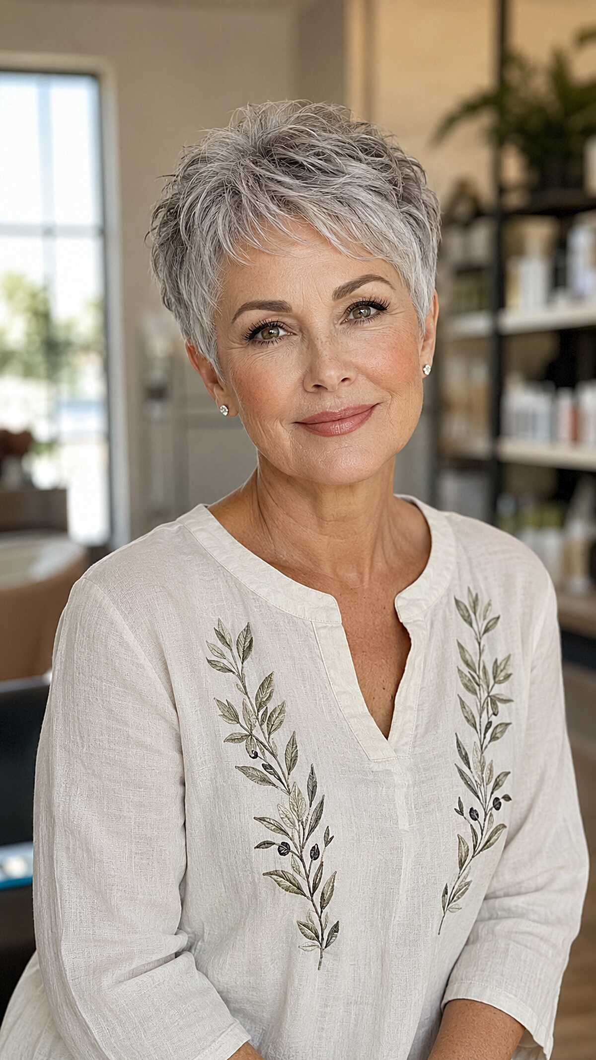 Textured silver crop with feathered top haircut for women over 60