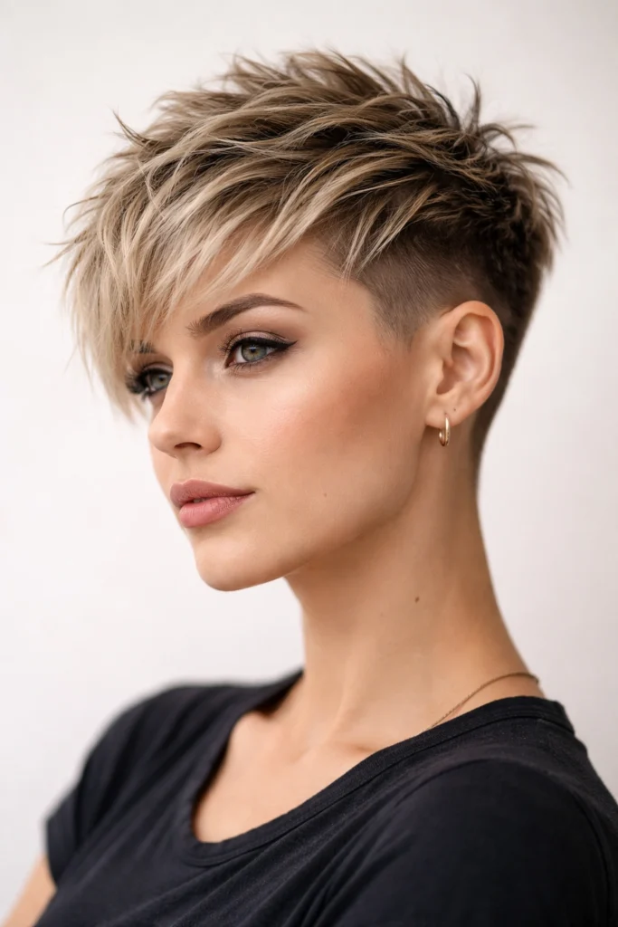 Woman with a shaved-side pixie haircut and longer textured crown