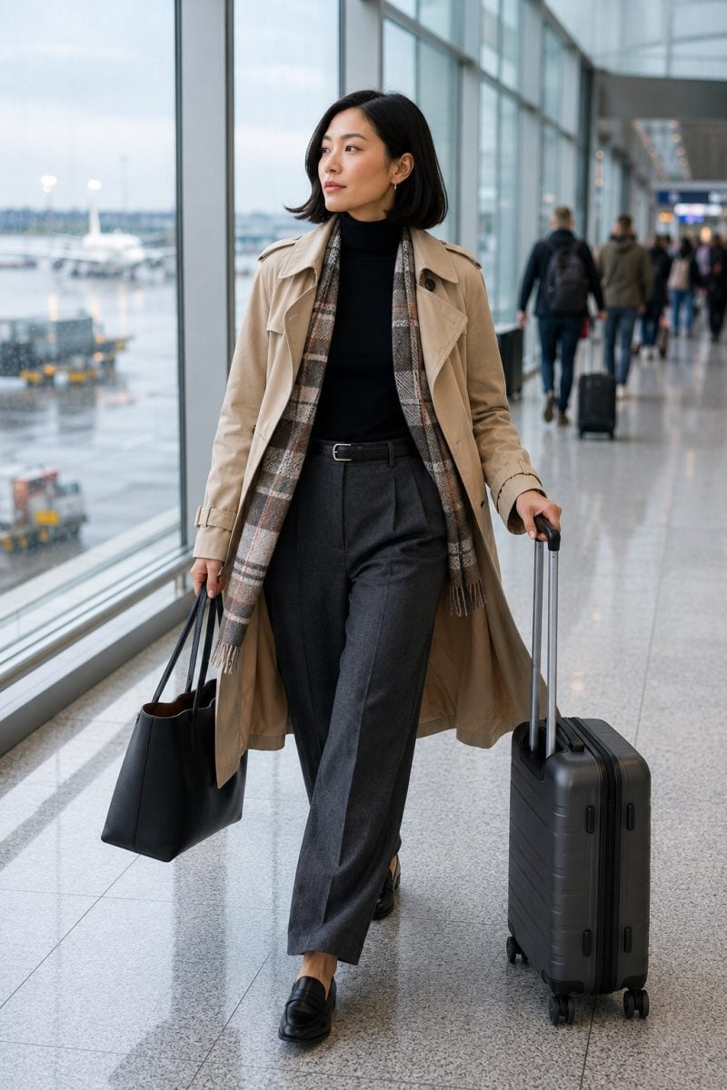 Classic Trench Coat With Wide-Leg Trousers travel outfit
