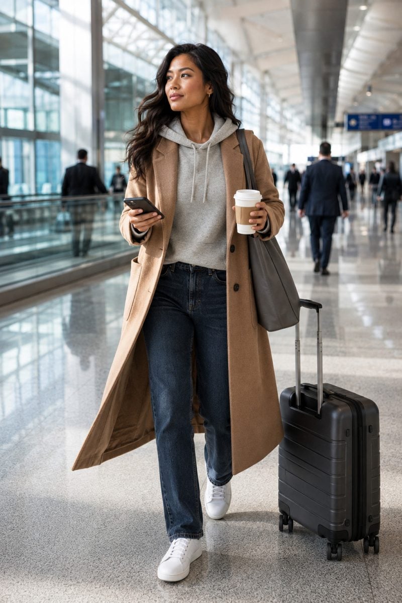 Camel Coat Over a Hoodie and Dark Jeans travel outfit