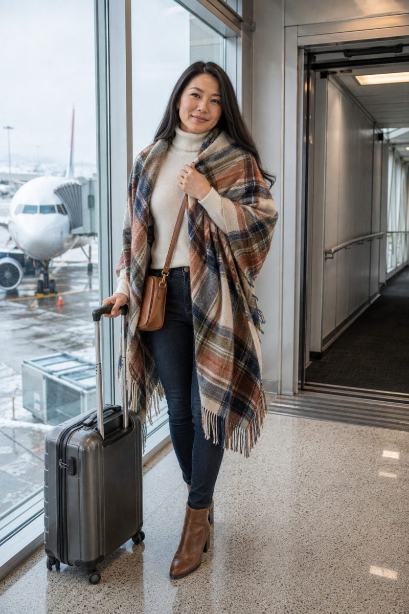 Plaid Scarf Over a Cream Turtleneck and Jeans travel outfit