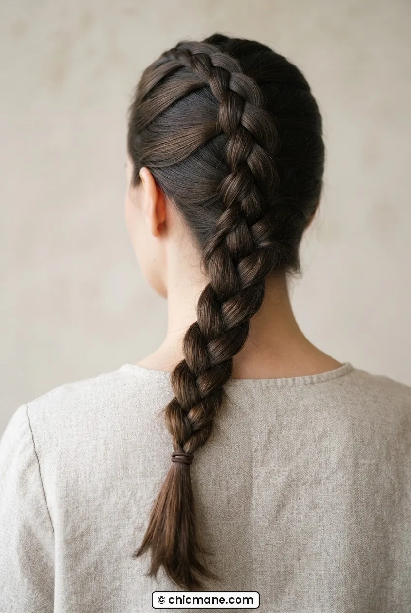 Classic three-strand braid draped over one shoulder