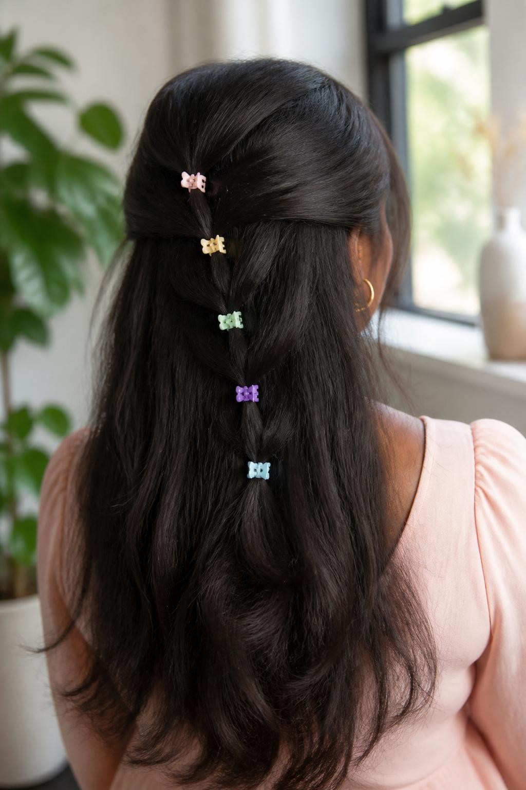 Mini pastel claw clips in wavy hair