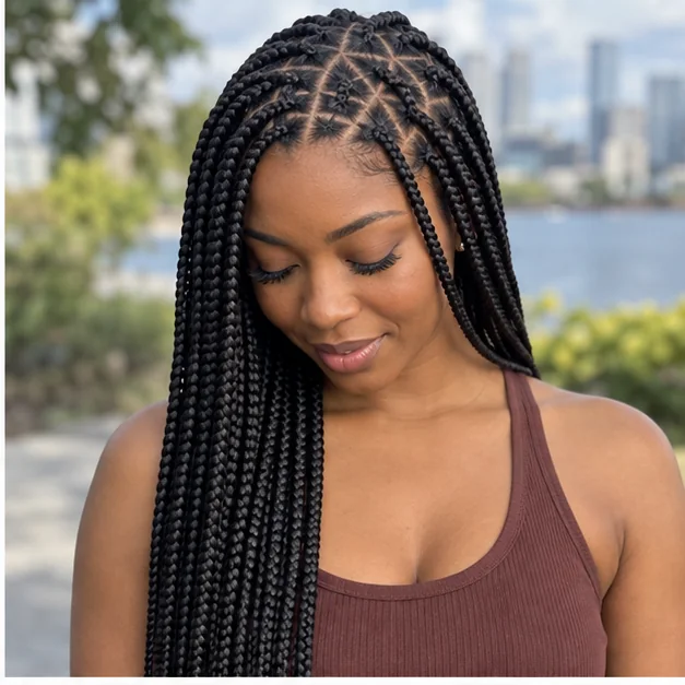 Knotless braids with triangle partings forming a geometric pattern
