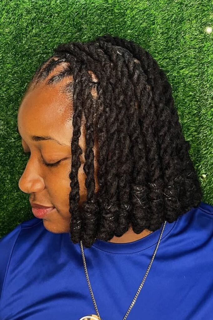 Chunky bob-length two strand twists with rounded ends