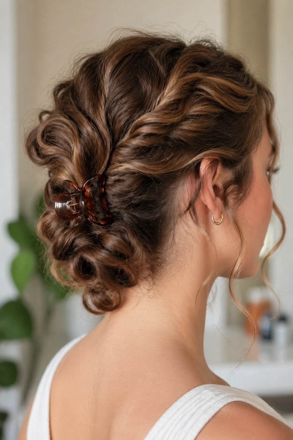Twist updo on second-day curls with a claw clip