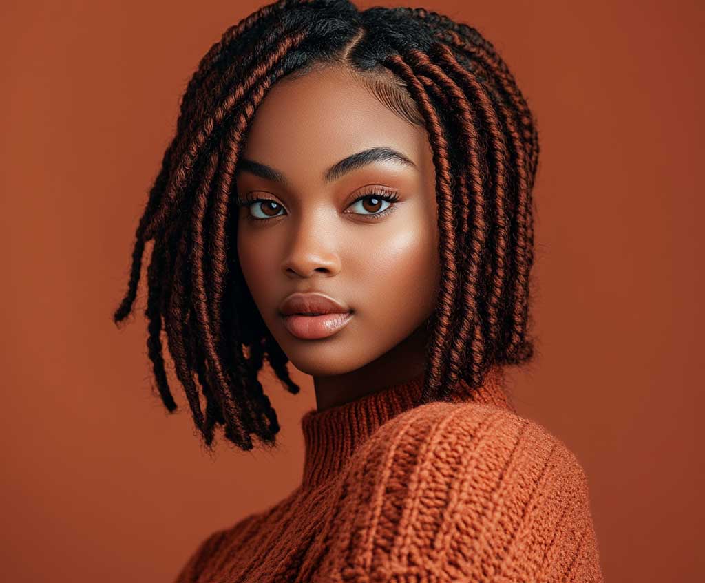 Rich chestnut two strand twists at shoulder length