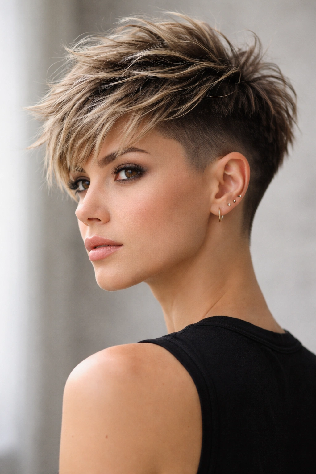 Woman with a disconnected undercut and long textured top