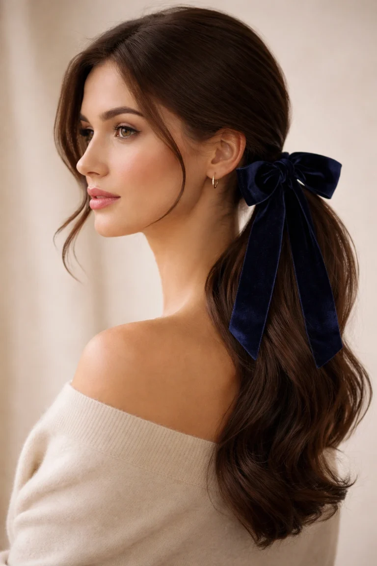Low ponytail tied with a long velvet ribbon in a bow