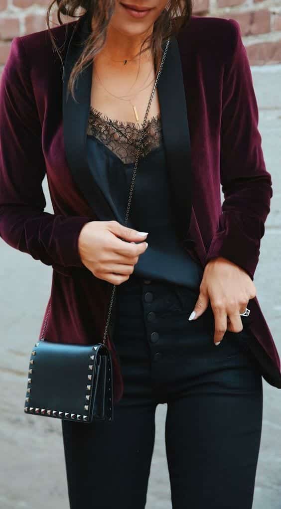 A Burgundy Velvet Blazer for Dinner Dates maroon outfit