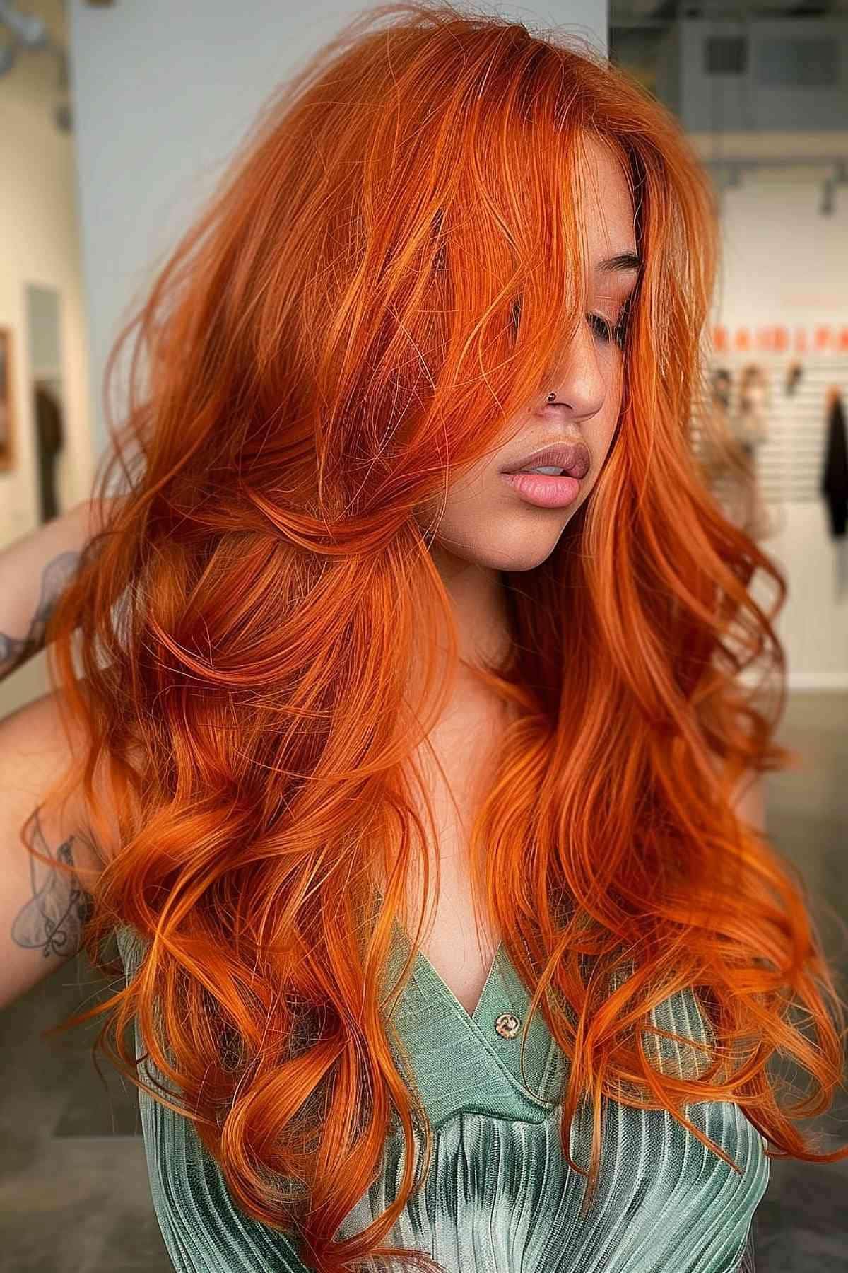 Vivid ginger copper waves on thick hair