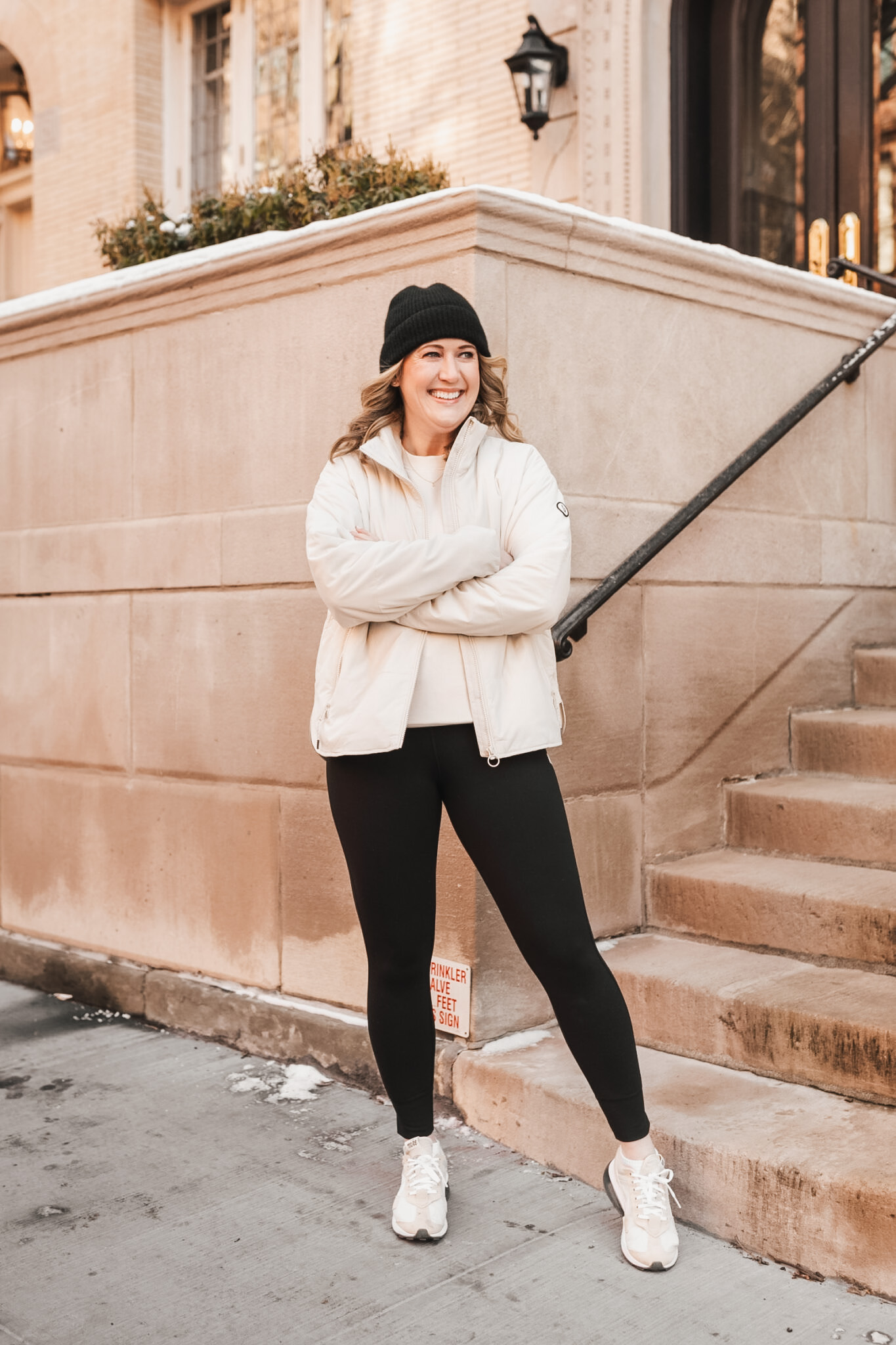 Cream Sherpa Layers With a Beanie winter outfit