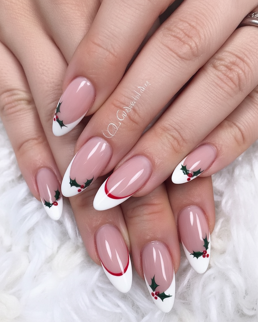 Almond White French Tips with Holly Berries Christmas French tips nail design