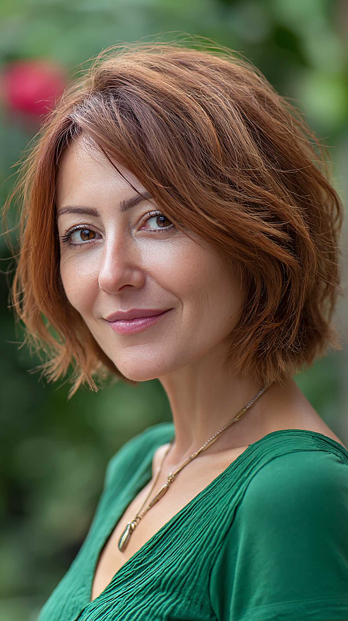 Warm Auburn Chin-Length Bob with Roughed-Up Texture layered bob haircut