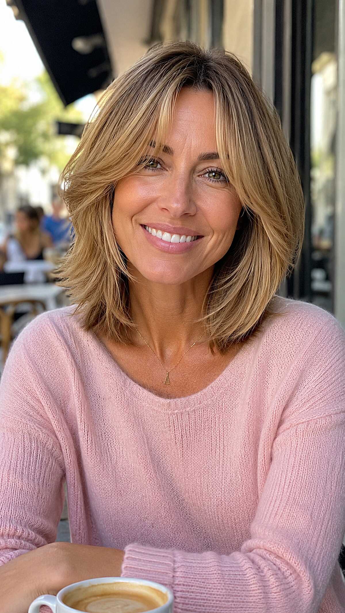 Warm Bronde Layered Bob with Face-Framing Curtain Pieces face framing bangs hairstyle