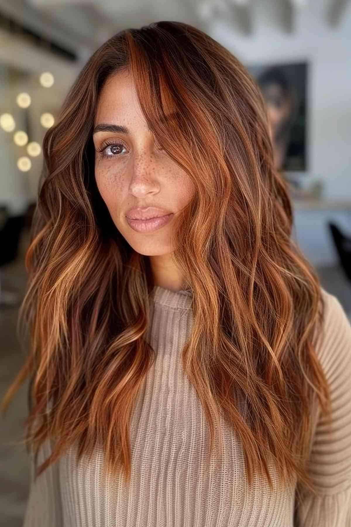 Ginger copper balayage over brown hair