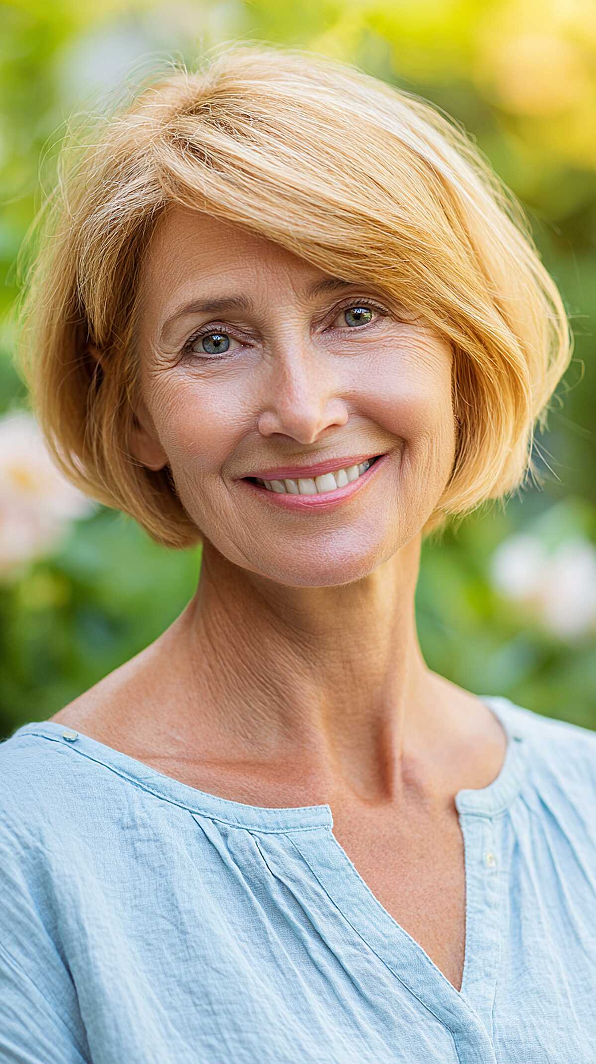 Warm honey blonde chin-length bob with side sweep haircut for women over 60
