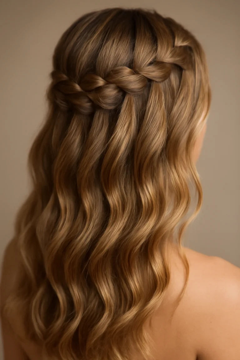 Prom hairstyle: waterfall braid waves