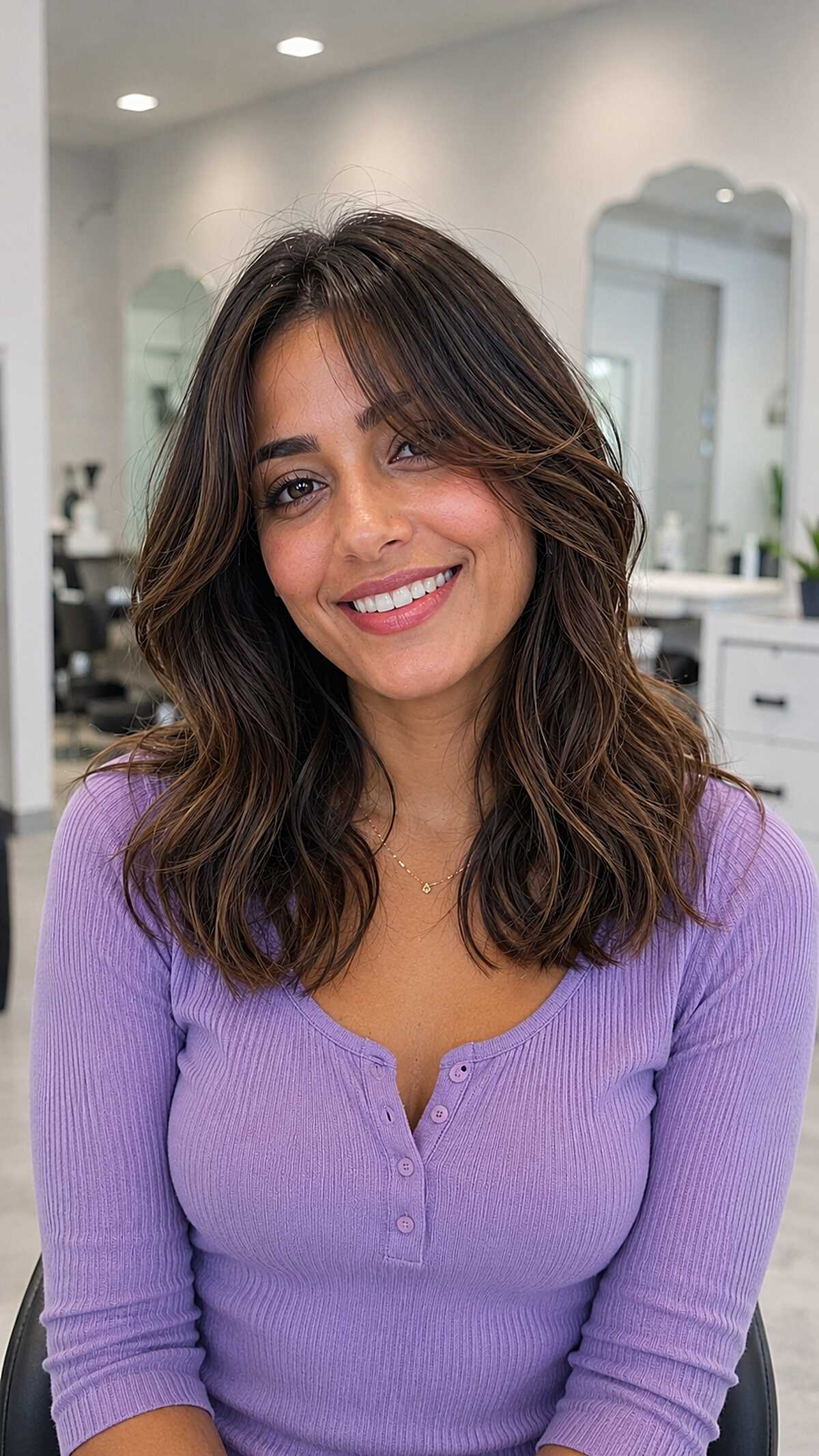 Smooth caramel melt on a wavy collarbone cut brown highlights