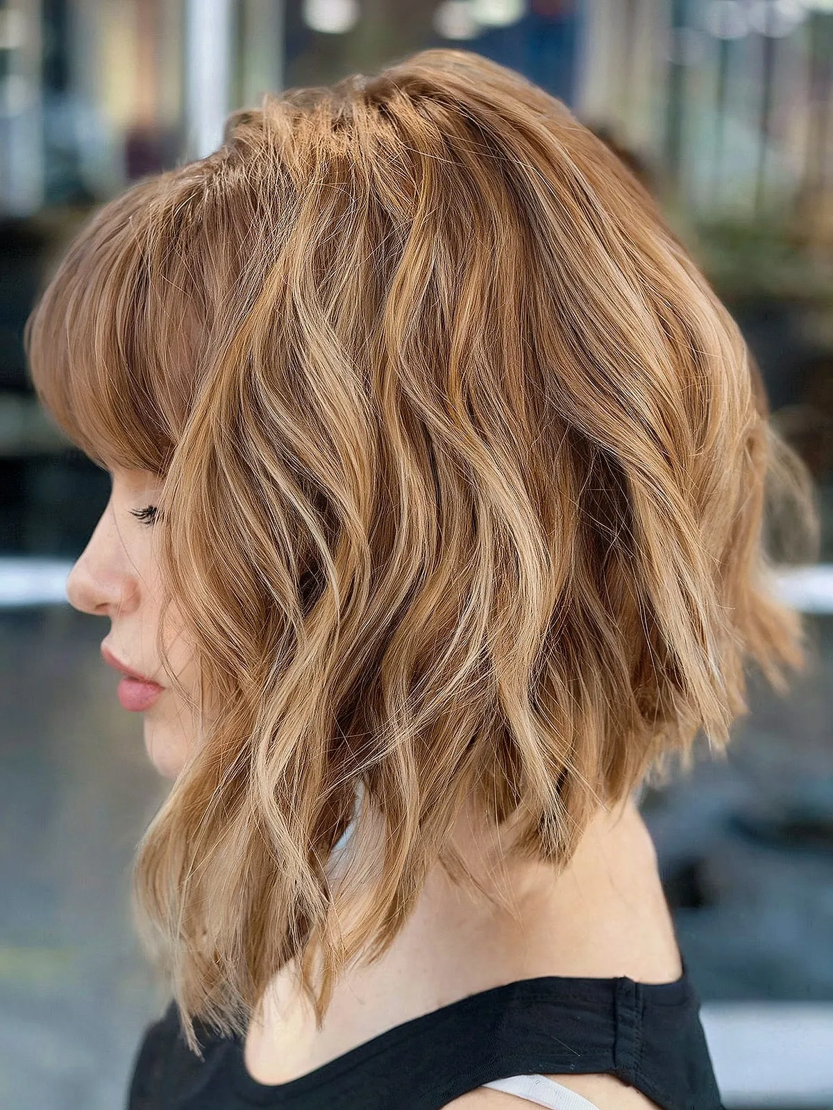 Wavy Stacked Bob with Bangs stacked bob haircut