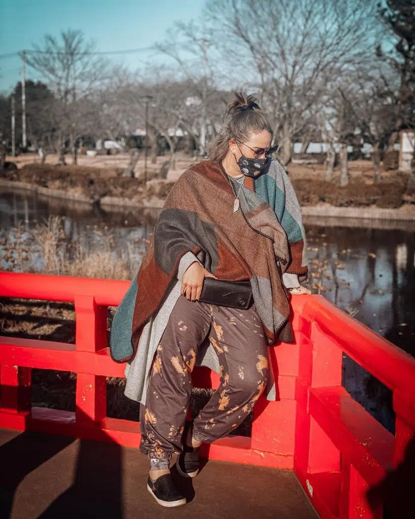 Oversized Blanket Scarf with Patterned Trousers Japanese outfit