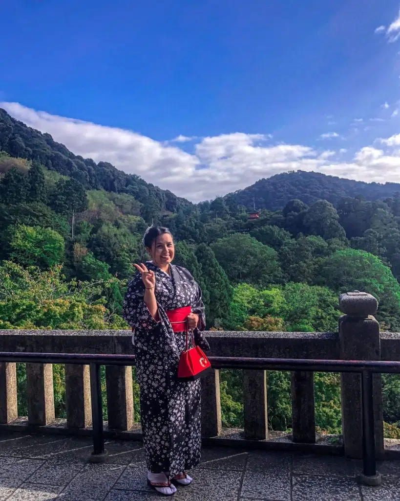 Navy Cherry Blossom Kimono with Traditional Sandals Japanese outfit