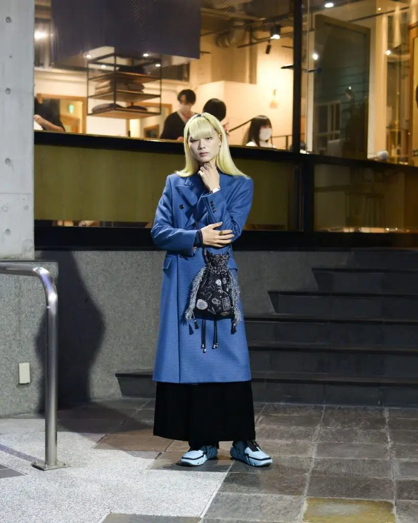 Bright Blue Tailored Coat with Casual Sneakers Japanese outfit