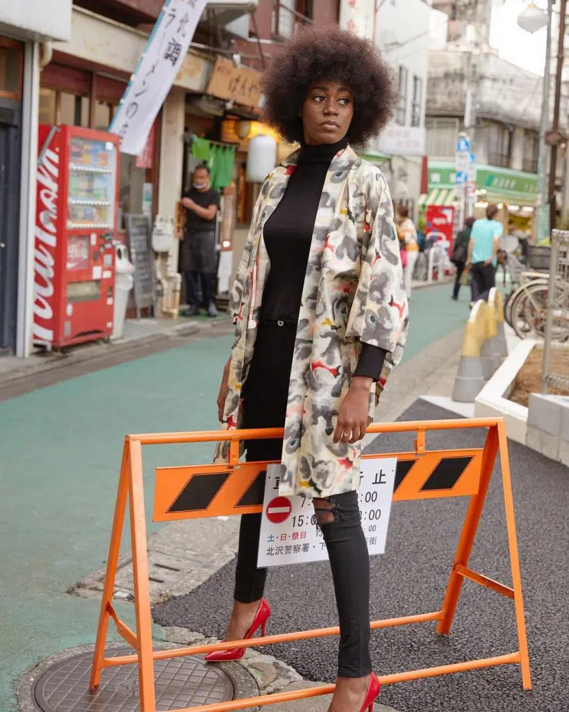 Printed Kimono-Style Coat over an All-Black Base Japanese outfit