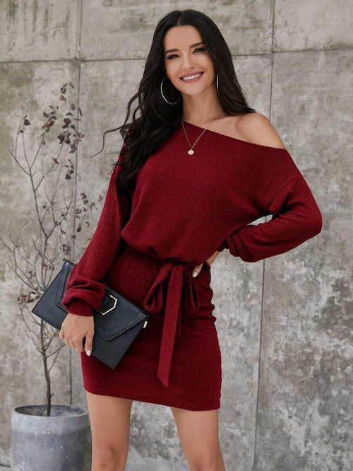 Red one-shoulder sweater dress with a tie waist first date outfit