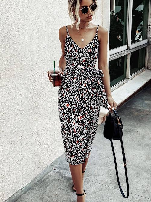 Abstract print wrap midi dress first date outfit