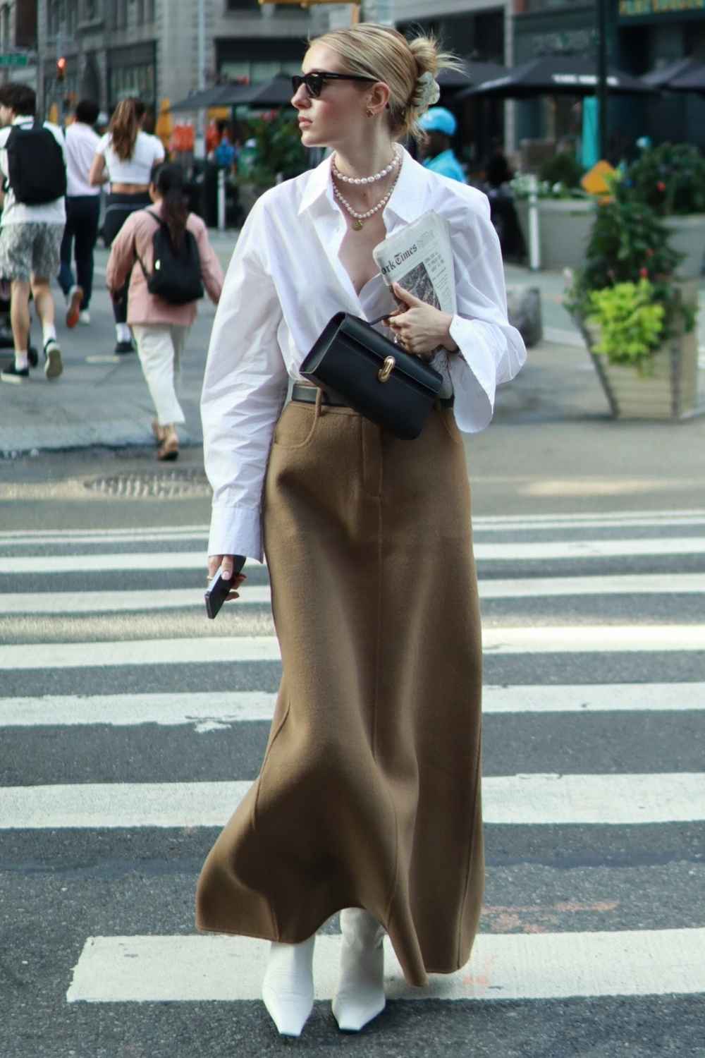 White button-down with camel wool maxi skirt preppy outfit