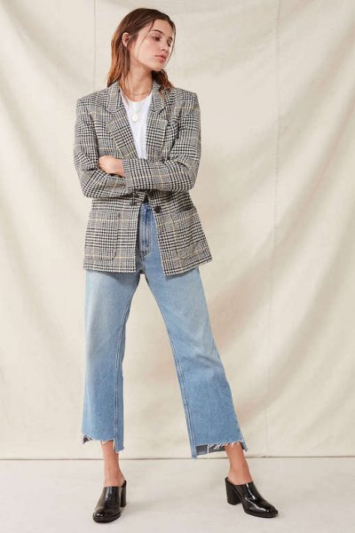 An Oversized Grey Plaid Blazer with a White Tee and Cropped Jeans casual work outfit