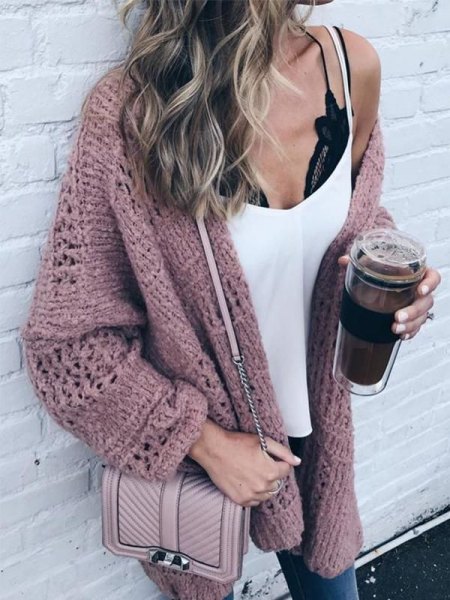Grey Oversized Cardigan over a White Tank and Dark Jeans sweater outfit for women