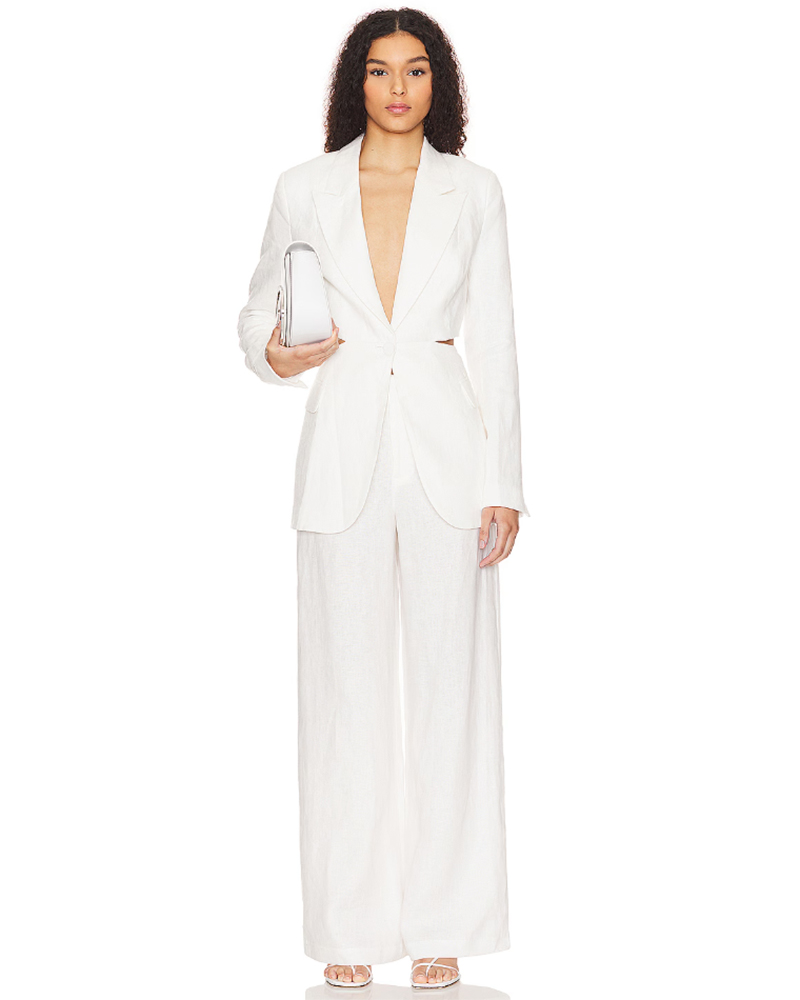 White wide-leg linen-blend palazzo trousers for warm-weather days.