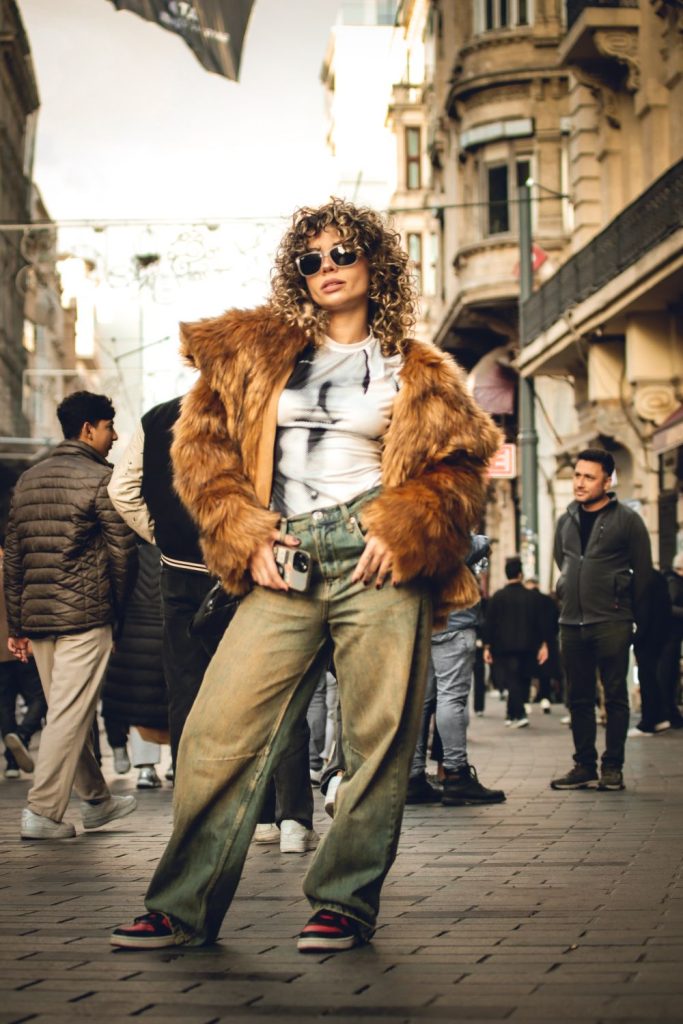 Faux-Fur Jacket with Khaki Wide-Leg Trousers baggy outfit