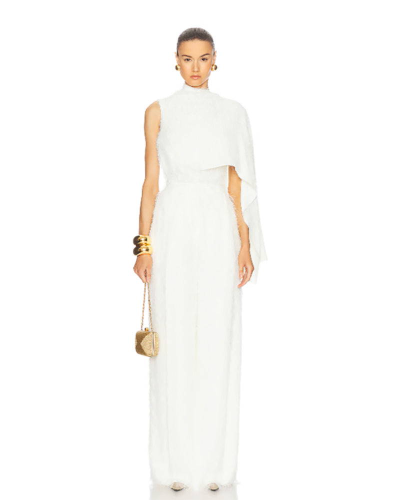 An elegant white wide-leg trouser outfit for a dressy daytime occasion.