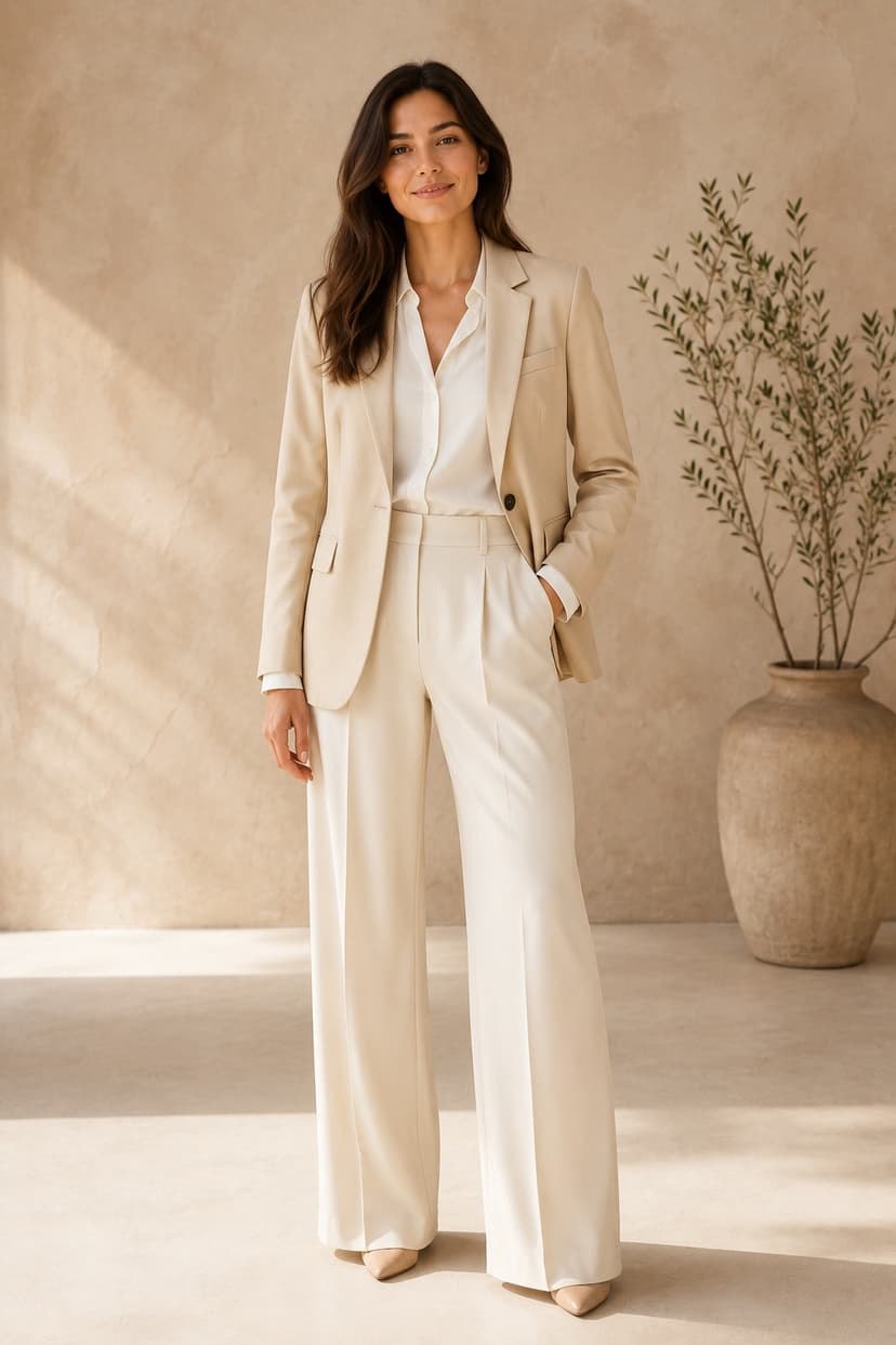 Woman wearing a tailored cream suit with wide-leg trousers and a white shirt
