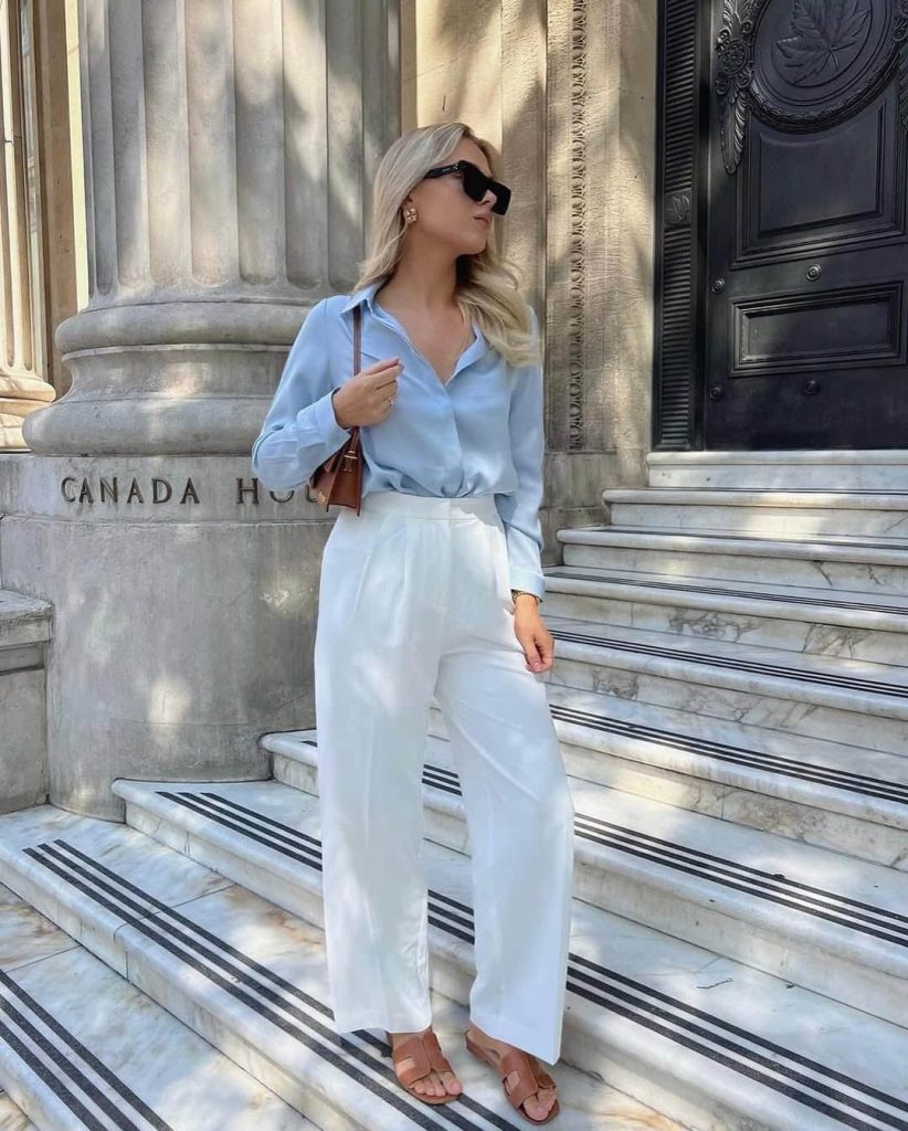 Striped Button-Down Shirt With Wide-Leg Pants smart casual outfit