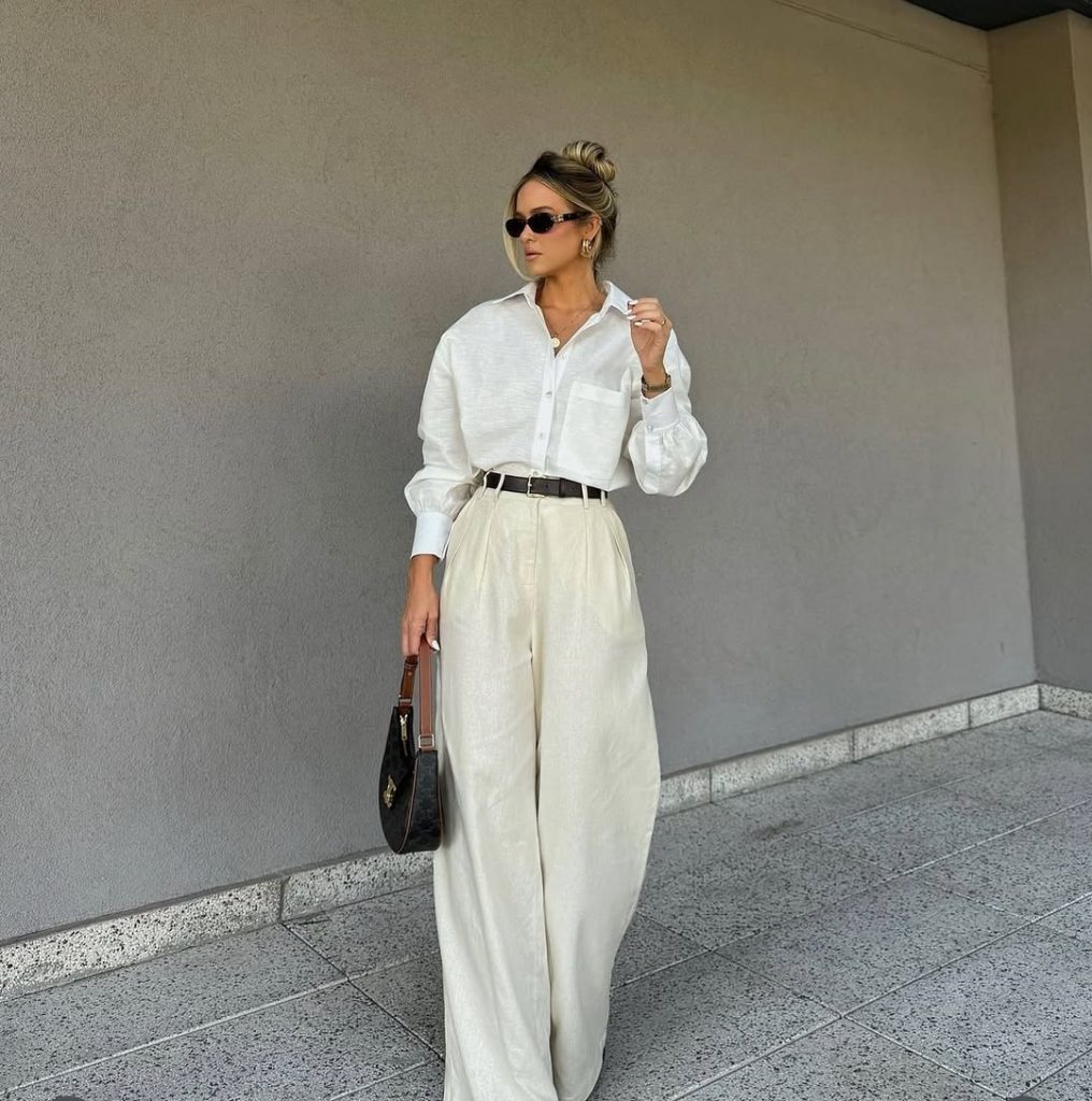 Crisp Button-Down Shirt With Wide-Leg Pants smart casual outfit