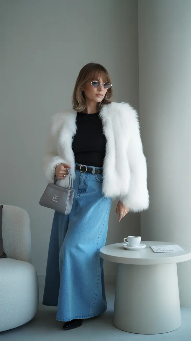 White Faux Fur Jacket Over a Denim Maxi Skirt Japan outfit