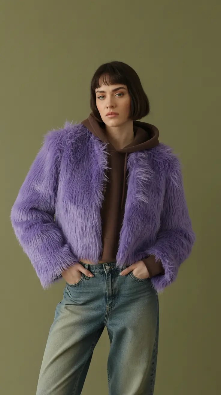 Lavender Cropped Fur Over a Hoodie and Jeans Japan outfit