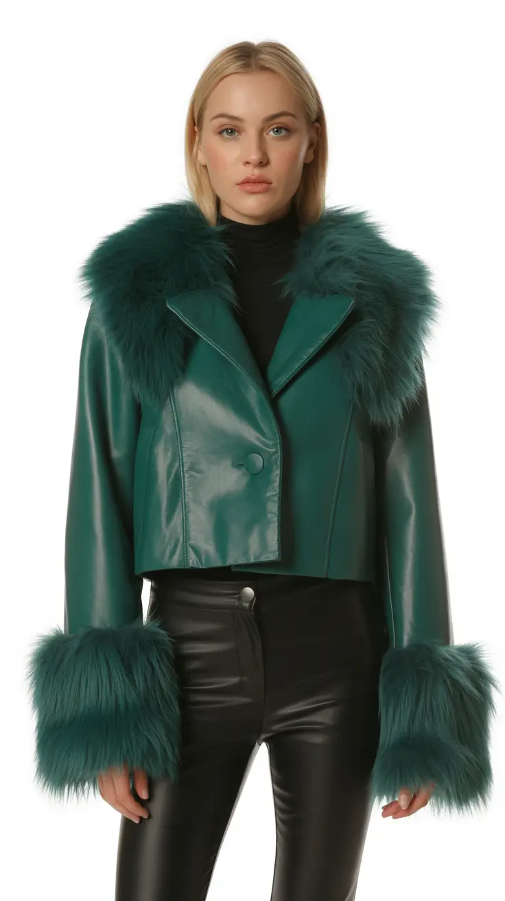Emerald Leather Jacket With Fur Trim and Black Trousers Japan outfit