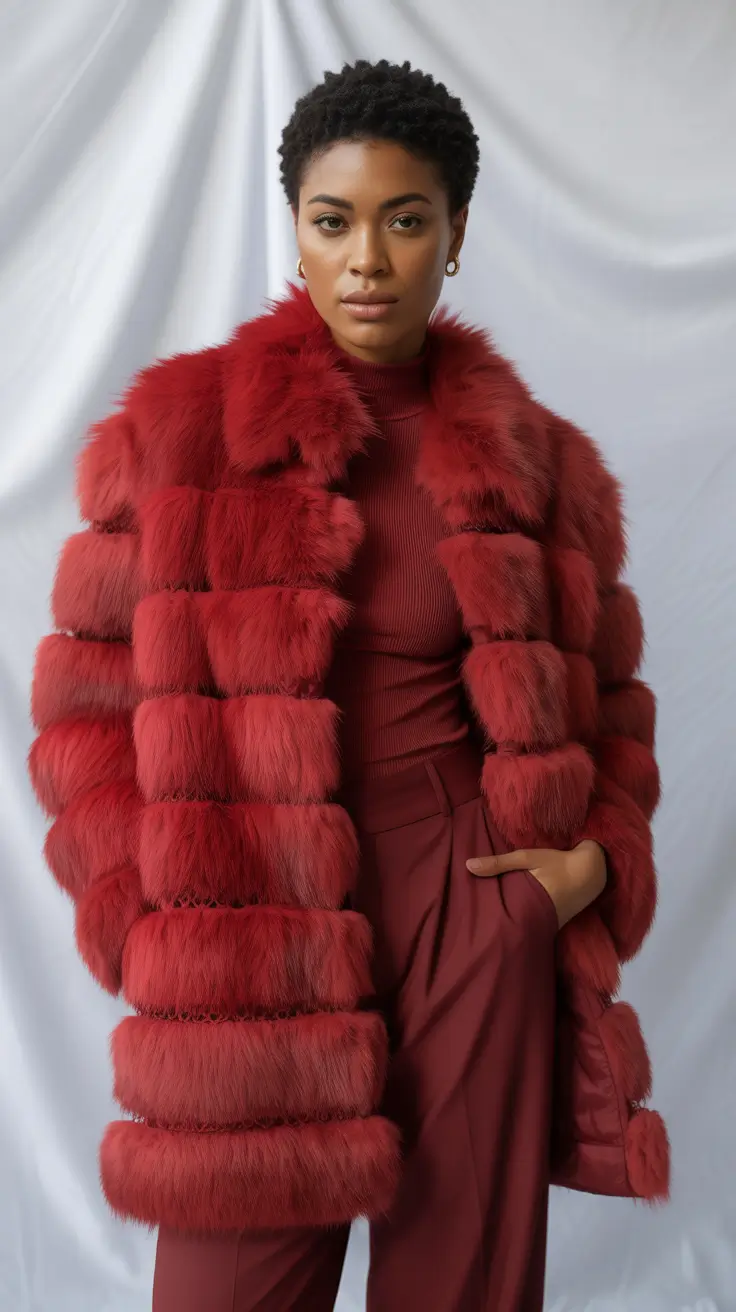 Crimson Faux Fur With a Turtleneck and Tailored Trousers Japan outfit