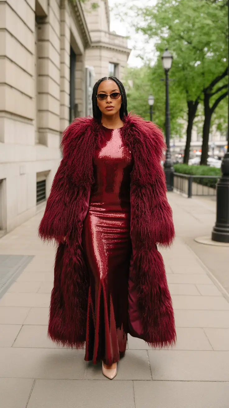 Wine Sequin Dress Under an Oversized Fur Coat Japan outfit