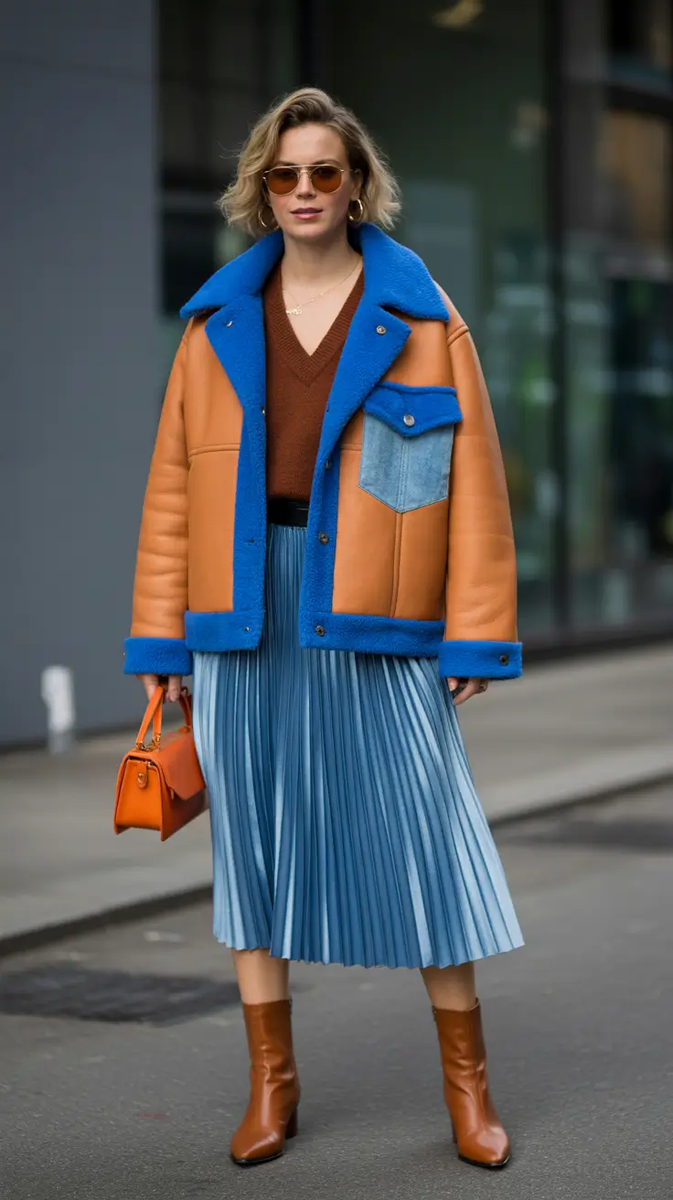 Cobalt and Camel Colour-Blocking With a Pleated Skirt Japan outfit
