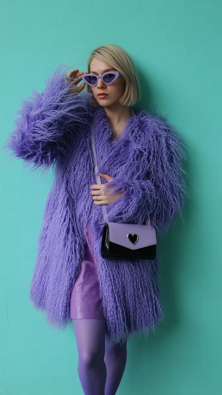 Lavender Shaggy Coat With a Mini Skirt and Tights Japan outfit